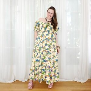 NWOT, size S, Easel 'Green and Orange', bold print, off the shoulder, Maxi Dress